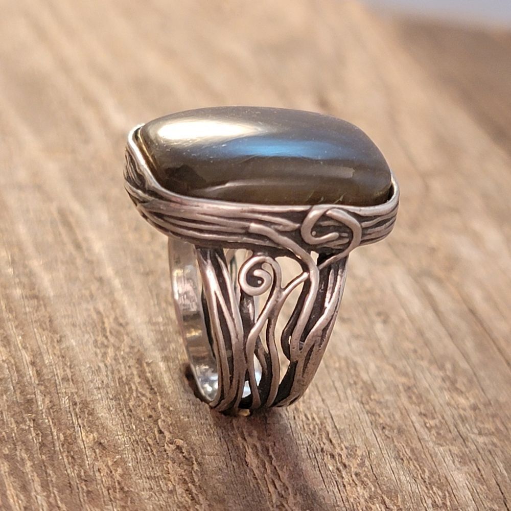 Sterling Paz Israel Labradorite Rextangle Bezel Set Organic Swirl Statement Ring - Picture 6 of 14